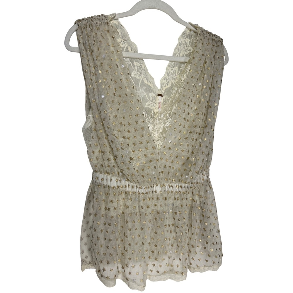 Free People Cream Gold Metallic Star Lace Trim V-Neck Sleeveless Peplum Top‎ XS